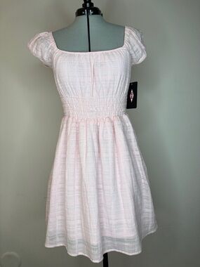 NWT Pink Summer Sundress Puff Sleeve Square Neck Cottagecore Mini Dress S